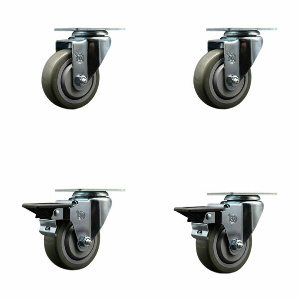 Service Caster 3.5'' Gray Poly Wheel Swivel Top Plate Caster Set with 2 Posi Brakes, 4PK SCC-20S3514-PPUB-2-PLB-2